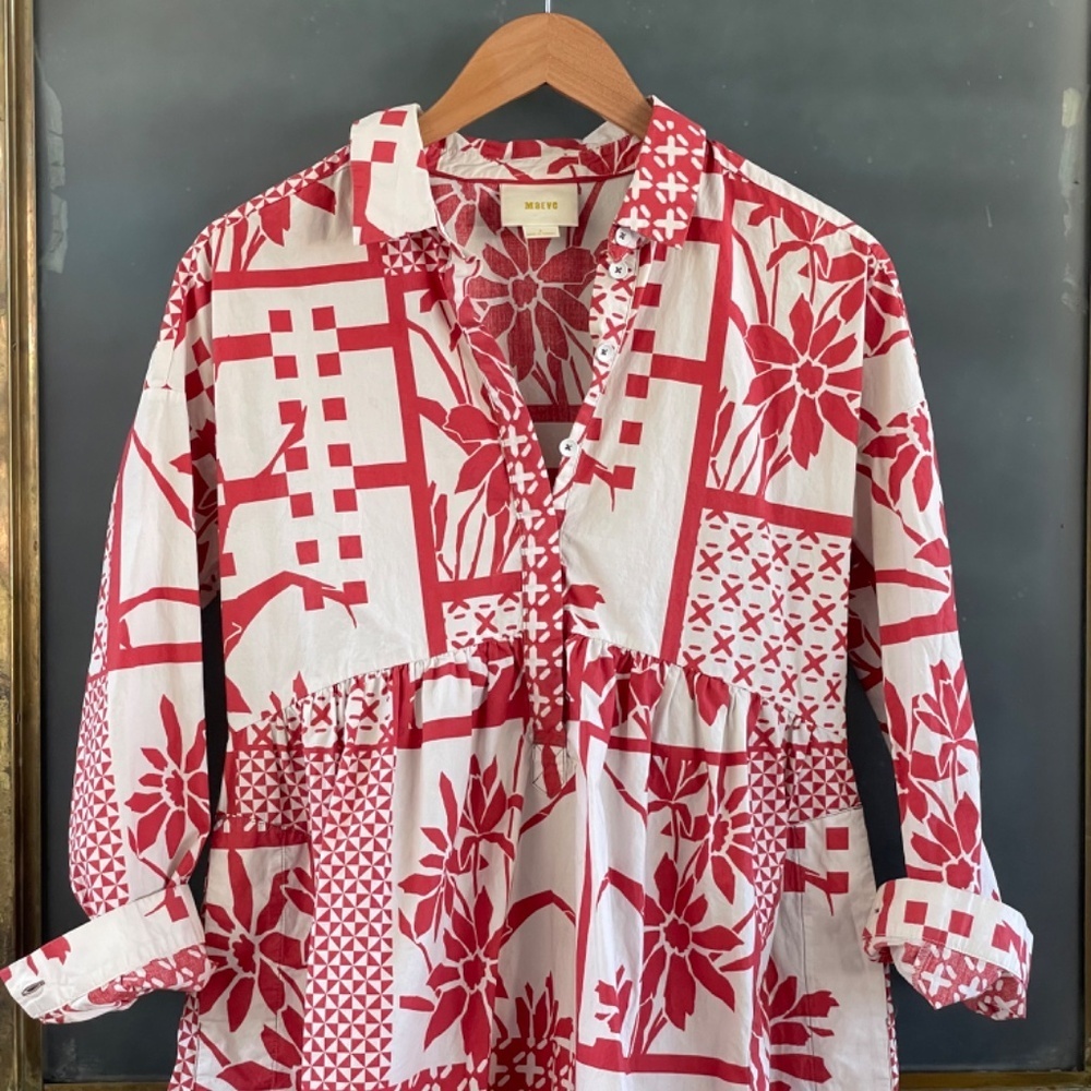 Maeve Anthropologie Red Patchwork Empire 100% cotton Waist Shirt Dress S small - Picture 3 of 10